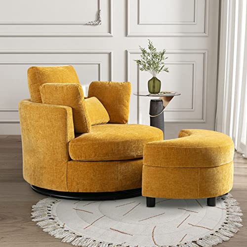 Chair and A Half with Ottoman, 360° Swivel Accent Barrel Chair Modern Comfy Round Reading Sofa Swivel Chairs Circle Lounge Chair for Bedroom Living Room w/4 Pillow Lower Seating Heigh (White, Large)