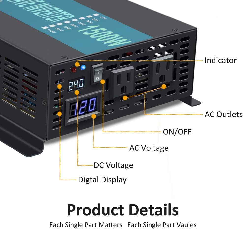 Reliable Pure Sine Wave Power Inverter 1500Watt 24V DC to 110V 120V with Remote Control Dual AC Outlets for CPAP RV Car Off Grid System