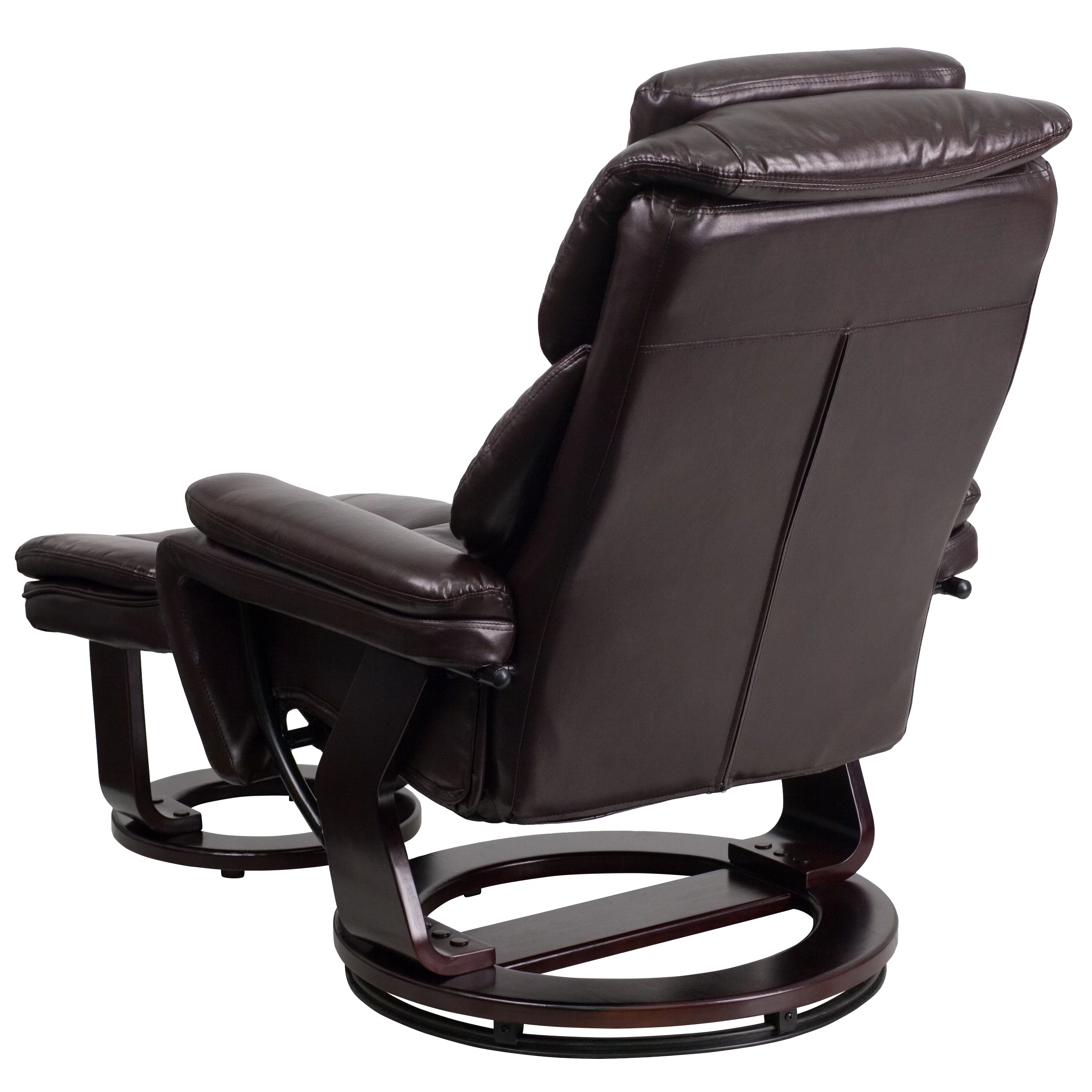 BizChair Contemporary Multi-Position Recliner and Ottoman with Swivel Mahogany Wood Base in Brown LeatherSoft