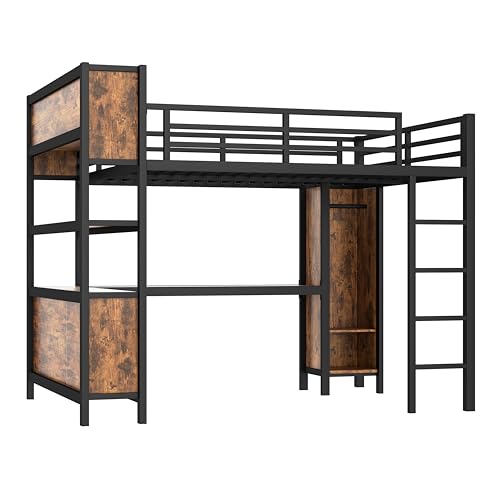 Linique Metal Loft Bed with Wardrobe & L-Shaped Desk - Sturdy Space-Saving Loft Bed Includes Storage Cubes, Shelves for Kids, Teens, Adults (White, Queen)