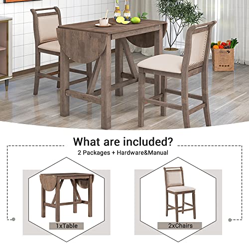 LUMISOL 3 Piece Drop Leaf Table Set, Drop Leaf Table and 2 Chairs, 3 Piece Dining Table Set for Living Room Dining Room Small Place, Counter Height Small Table Set for 2, White