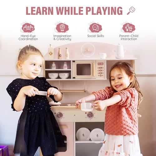 ROBUD Play Kitchen Set, Wooden Play Kitchen with Ice Maker, Fridge, Coffee Machine, Oven, Dishwasher, Microwave, Kitchen Accessories, Toy Kitchen Gift for Boys Girls, 3+