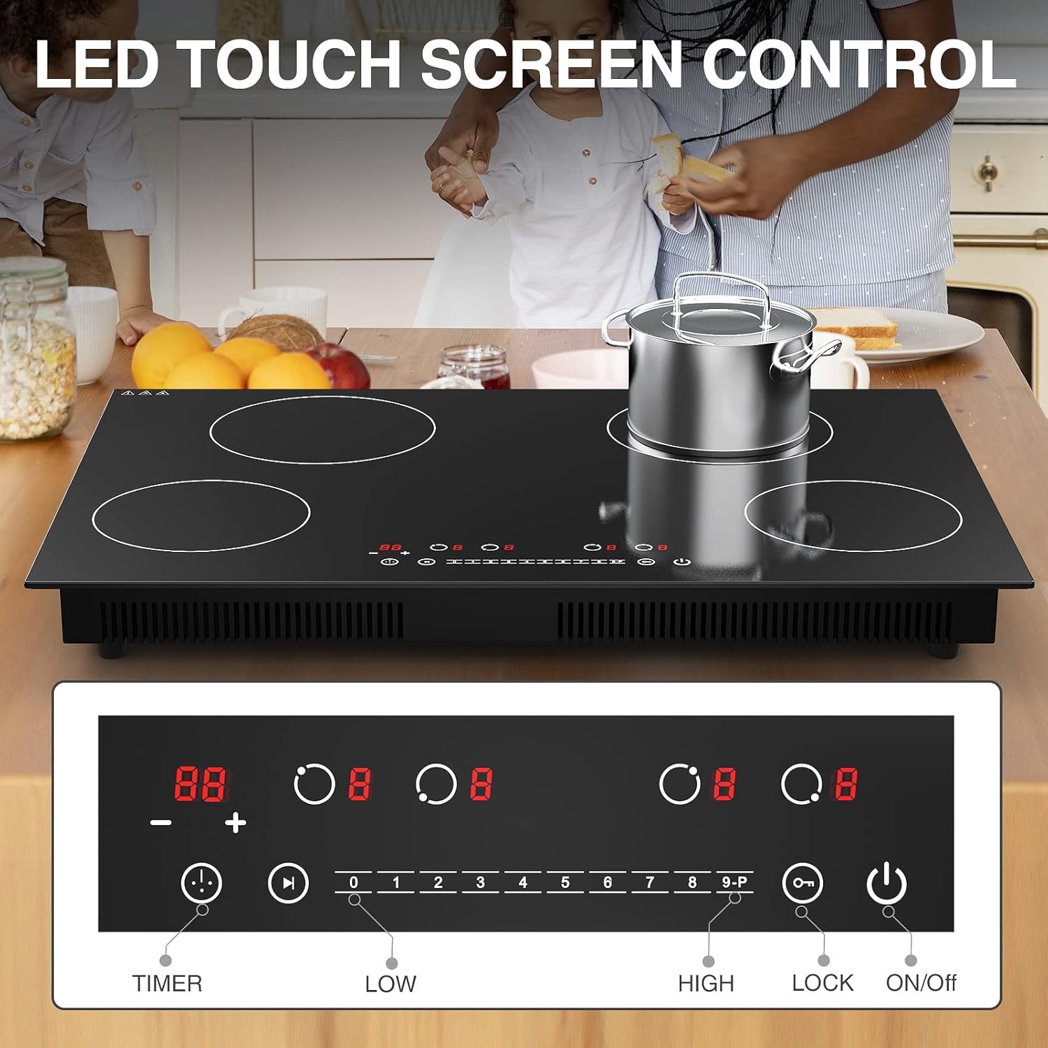 Induction Cooktop 30 Inch, GTKZW 6400W Electric Cooktop 4 Burners 220v,Built-in Electric Stove Top, LED Touch Screen, 9 Heating Level, Kid Safety Lock, Keep Warm Function,Hardwired, no Plug