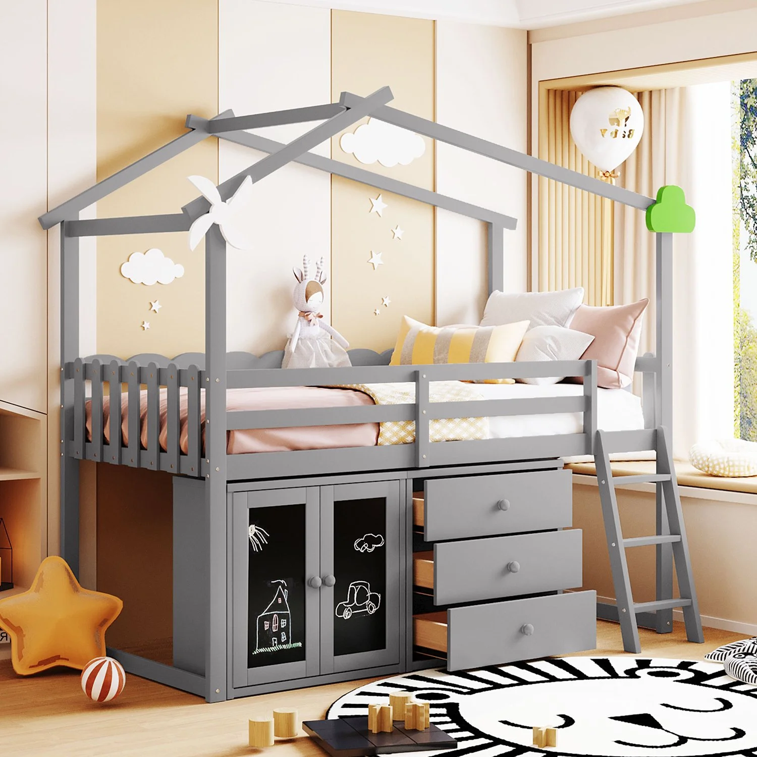 Momspeace Twin Size Loft Bed with Storage Cabinet and 3 Drawers, House Loft Bunk Beds with Roof, Black Boards and Guardrail - White