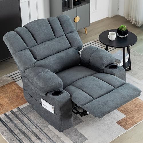 Oversized Recliner Chair for Adult, Plus Size 36.2" Extra Wide Seat Manual Chenille Recliner with Pockets, Ergonomic Massage Heated for Living Room Bedroom Home Threater Office Lounge (Grey)