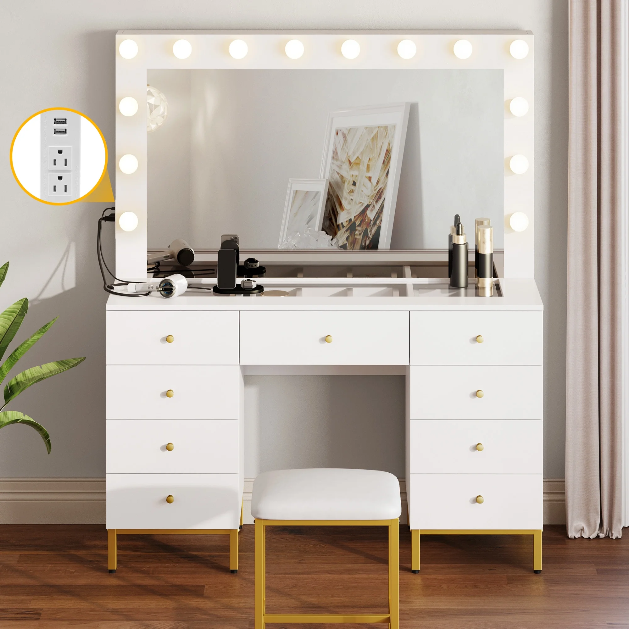 DWVO Vanity Table Set with 3 Color Lighted Mirror & Charging Station & Stool, Modern Makeup Vanity Dressing Table with 9 Drawers for Bedroom, Gold and White Vanity Desk for Women Girls