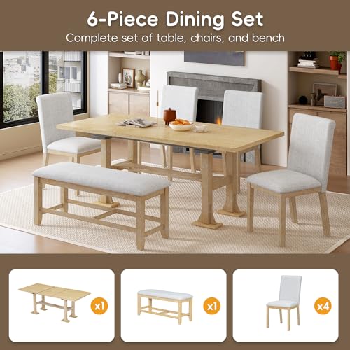 Farmhouse Kitchen Table Set with 1 Upholstered Bench and 4 Dining Chairs, 6-Piece Wood Dining Table Set for Kitchen, Dining Room, Dinette, Breakfast Nook, Grey + White