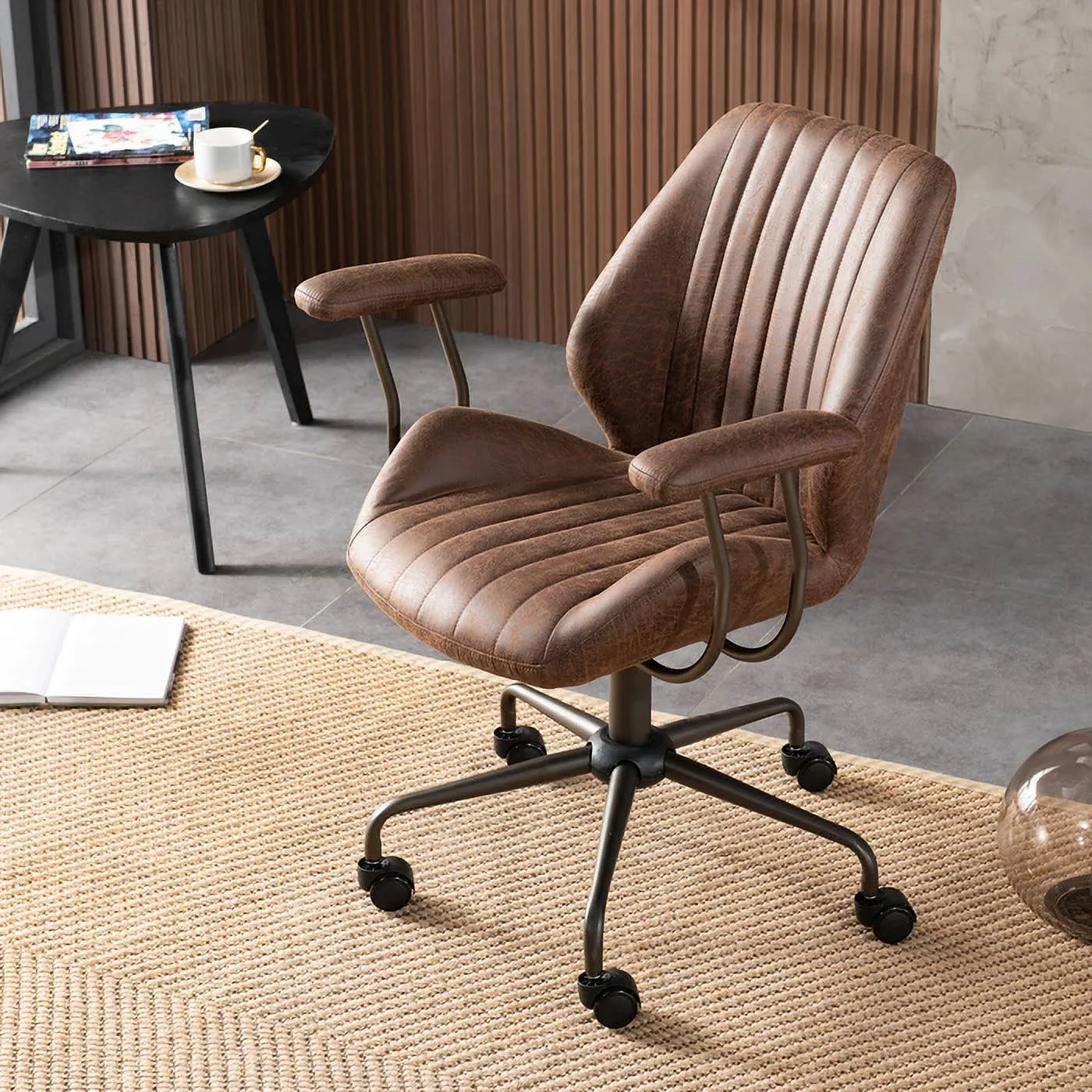 HOOOWOOO Home Office Desk Chair with Wheels Suede Fabric Cross Legged Simple Wide Seat Chair,Modern Ergonomic Comfortable Adjustable Computer Chairs-Brown