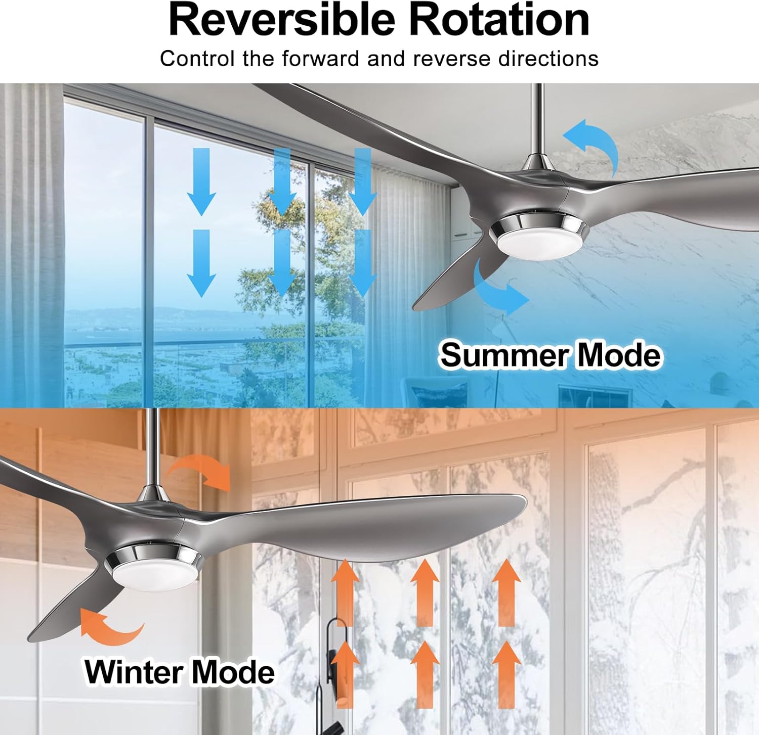 reiga 52 Inch Modern Smart Ceiling Fan with Light and Remote Control, Living Room Bedroom 3 Blade Ceiling Fans with Reversible Quiet DC Motor, Silver