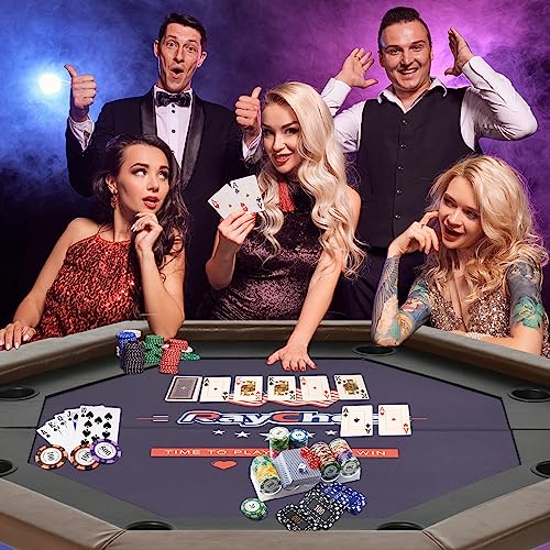 RayChee Poker Table Foldable, 8 Player Octagonal Folding Portable Texas Holdem Table with Water-Resistant Cushioned Rail, 8 Stainless Steel Cup Holders, Casino-Grade Felt Surface (48inch, Black)