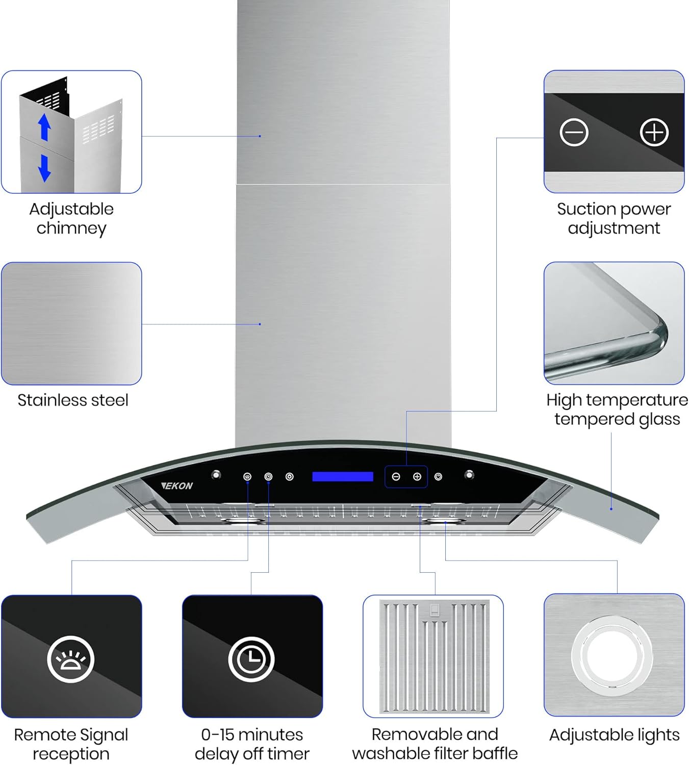 EKON 36"Island Mount Range Hood,900 CFM Ducted Range Hood with 4 Speed Fan,Stainless Steel& Tempered Glass Range Hood 36 inch NAIS01-36"