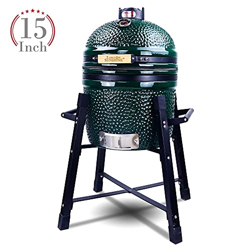 Ceramic Kamado Charcoal BBQ Grill and Smoker, Stainless Steel Grates -15" Ceramic with Tall Stand (BLACK)