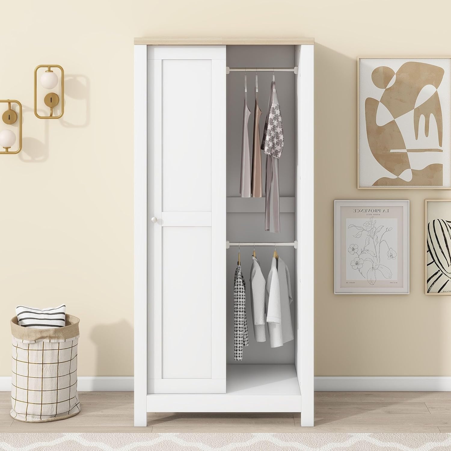 Armoire Wardrobe 1 Sliding Door and 2 Drawers, Clothes Cabinet with Hanging Rod, Freestanding Wooden Closets Organization for Bedroom, 31.4″x20.6″x68.3″, White