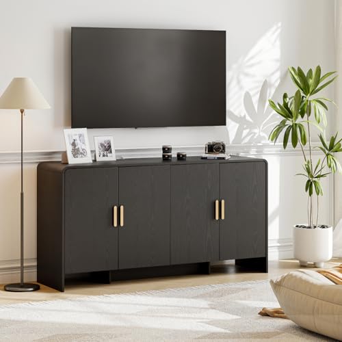60" Sideboard Buffet Cabinet with Storage, Curved Design Farmhouse Coffee Bar Cabinet with 4 Doors & Adjustable Shelves for Living Room, Kitchen, Hallway, Walnut