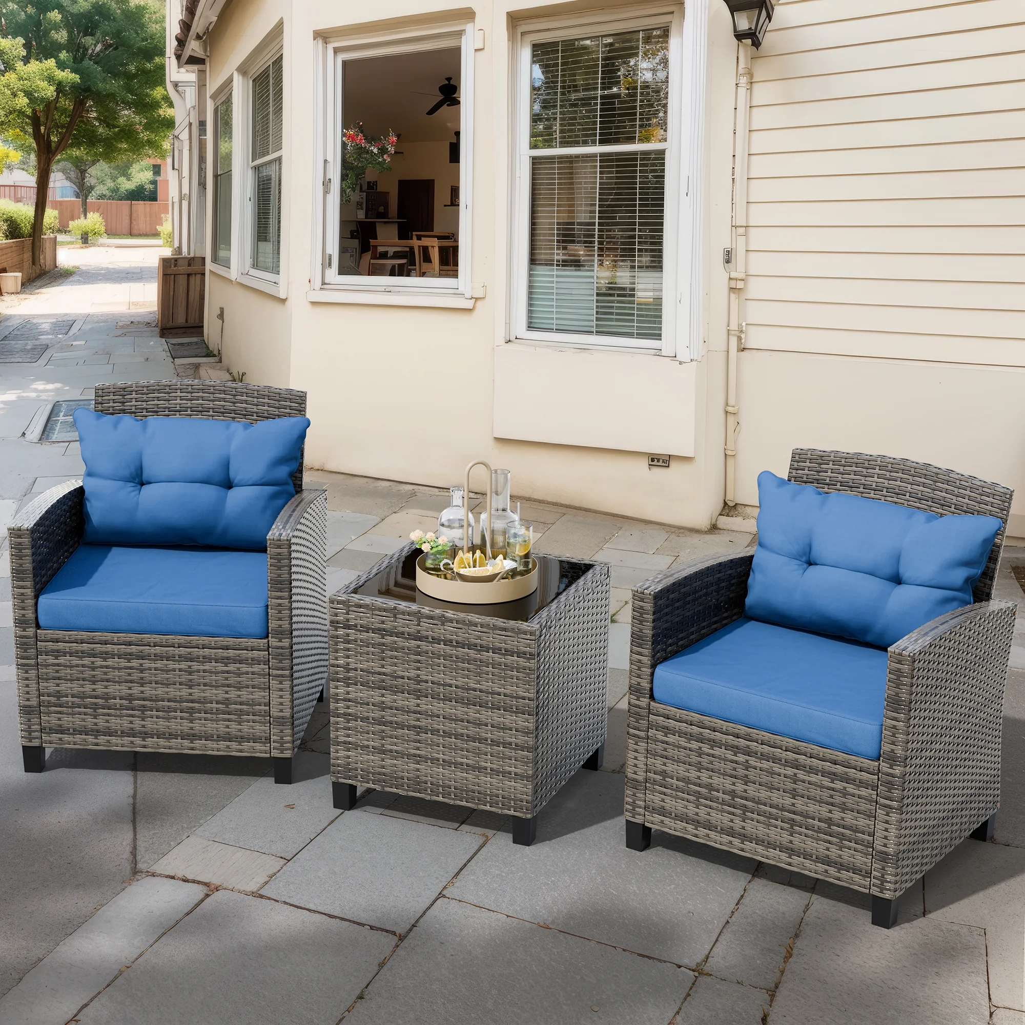 Walsunny 3 Pieces Patio Furniture Set Outdoor Wicker Conversation Bistro Set Outdoor Patio Chairs with Tempered Glass Table Beige