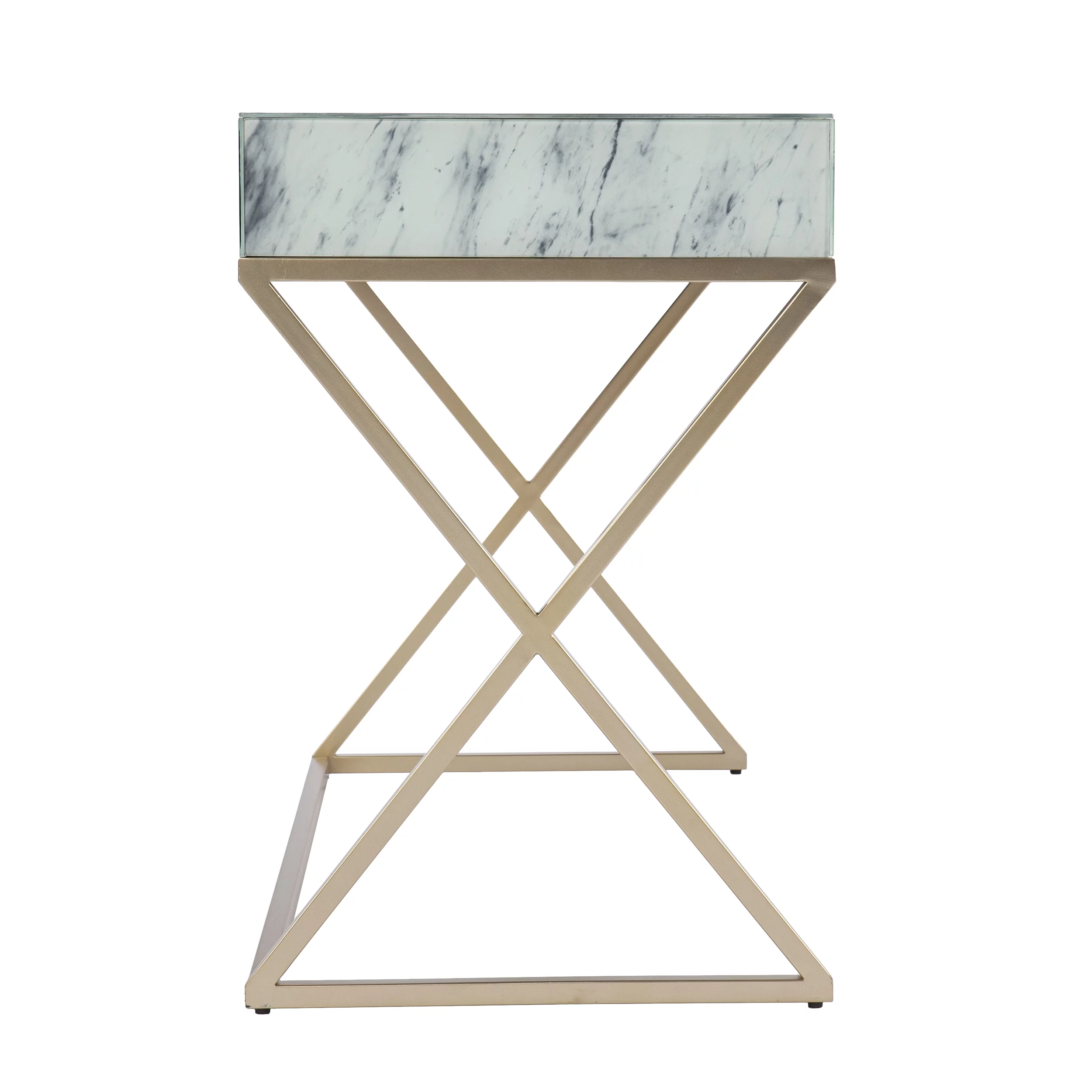 SEI Kamula Glam style Faux Marble Writing Desk with Storage in Gold finish with Gray and White faux marble