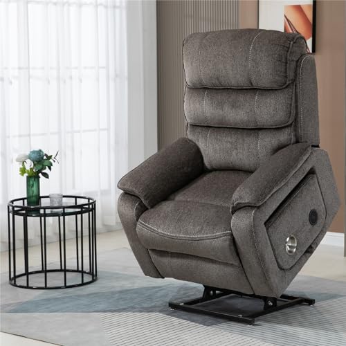 Light Grey Recliner Chair for Elderly | Tall and Big Man 400lbs | Chenille | Power Lift, Lay Flat, Stand Up, Wireless Charging Device, Extended Footrest, Massage Heat, Cup Holder, Lumbar Pillow