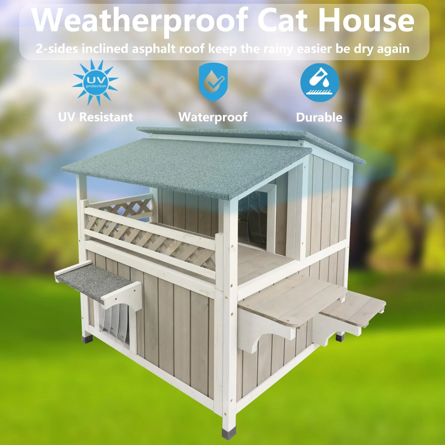 PETSCOSSET Cat House Outdoor 2-Story Wooden Kitty Shelter with Balcony, Gray