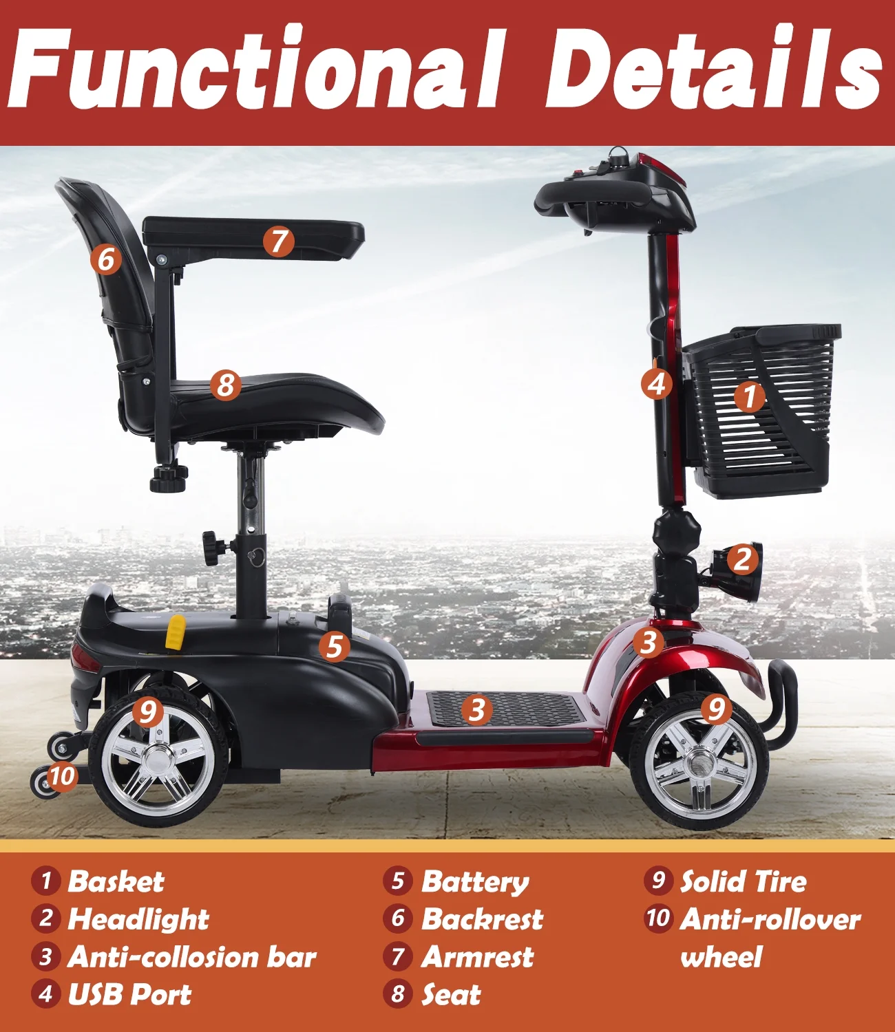 EazinGo 4 Wheel Mobility Scooter, Luxury Travel Scooters for Adults Support 300Lbs- Red