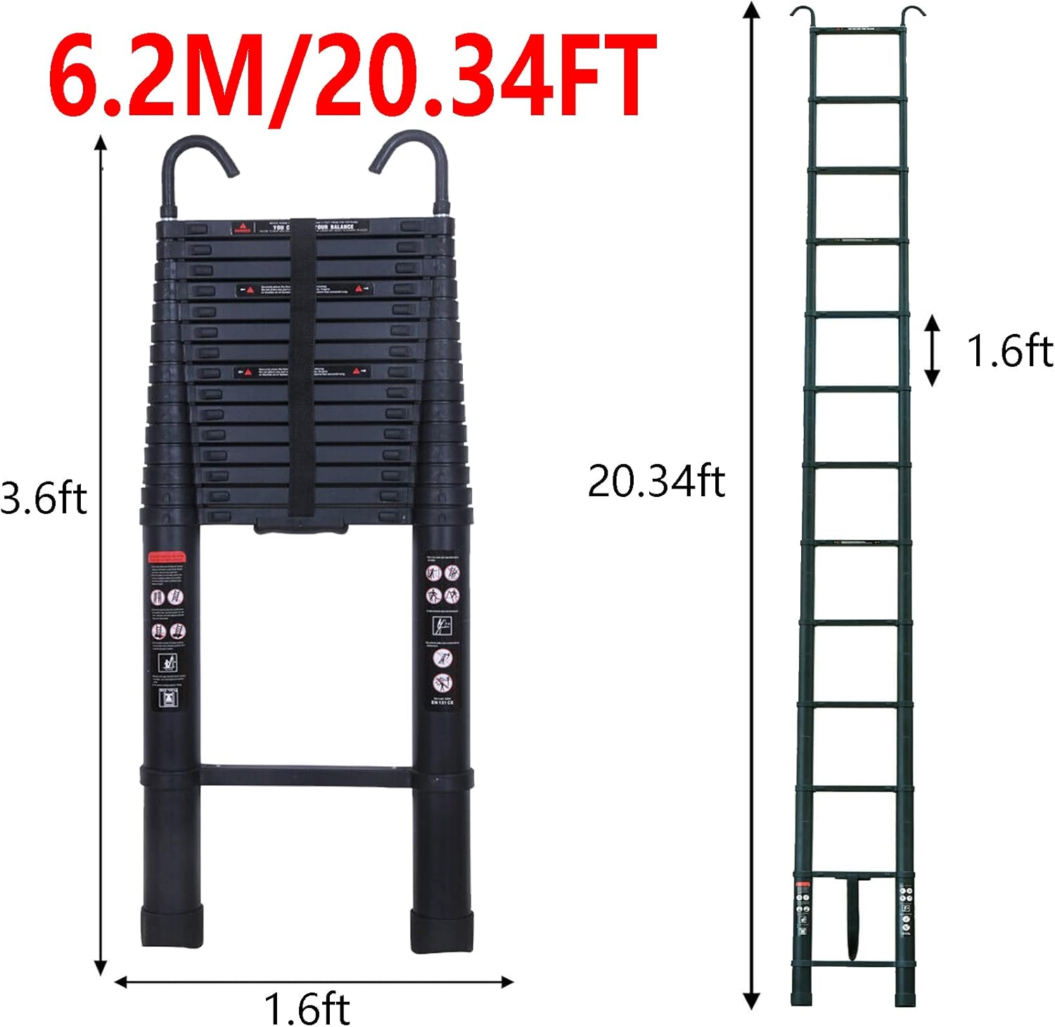 20 FT Aluminum Telescoping Ladder with 2 Detachable Roof Hooks(2.8 inch), Lightweight Telescopic Extension Ladder for Home, Multi-Purpose Rv Ladder Loft Ladder Max 330 Lb Capacity, EN131 Certificated