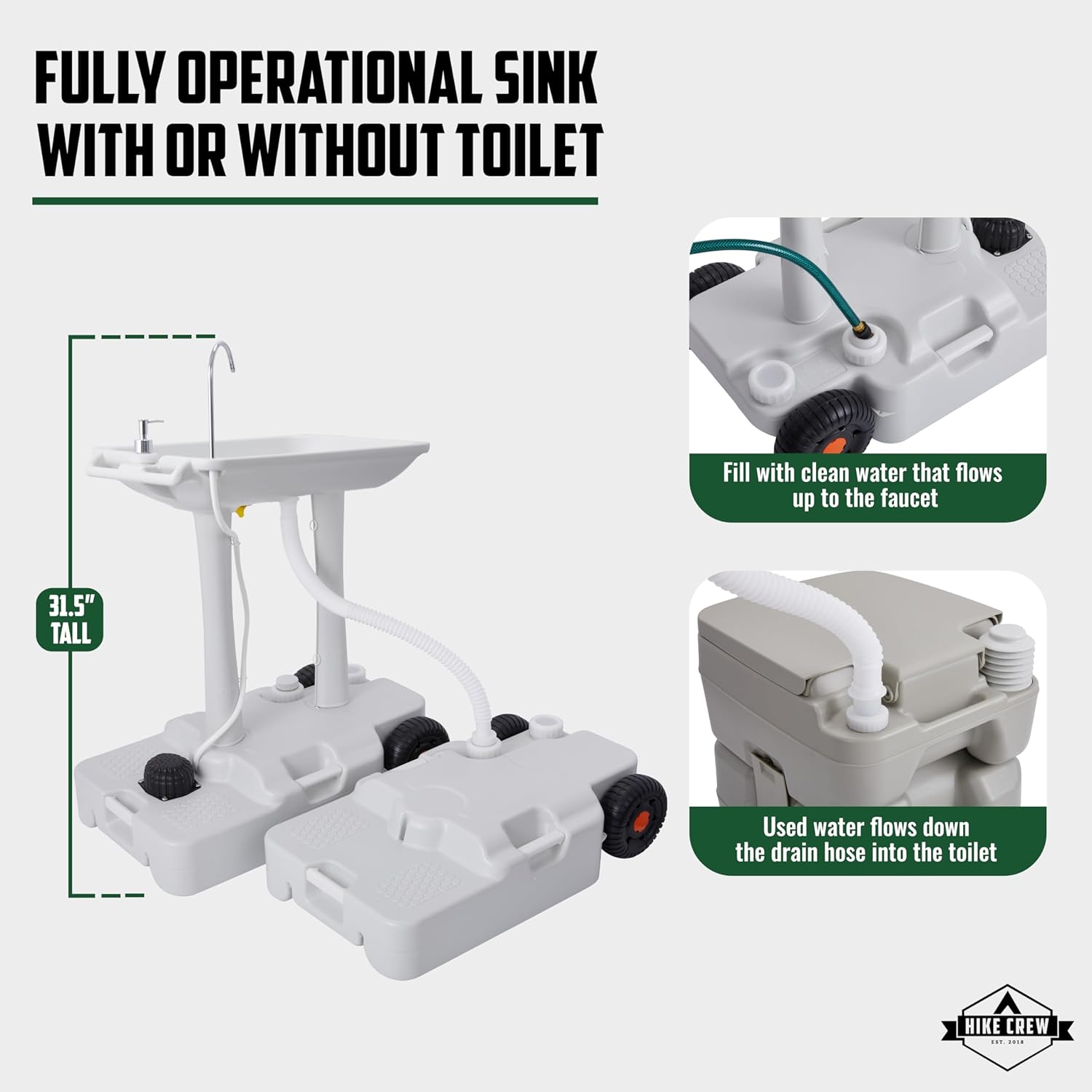 Hike Crew XL Portable Camping Sink & Waste Tank | Extra Large Hand Washing Station with 8 Gal Capacity, Hands-Free Foot Pump, Faucet, Soap Dispenser & Towel Rack | Includes 10 Gal Travel Waste Tank