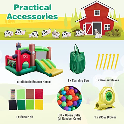 BOUNTECH Inflatable Bounce House, Farm Themed Bouncy House with Dual Slides for Racing Fun, Toddler Kids Jump Castle Bounce House with Ball Pit & Blower Indoor Outdoor Backyard Party Gifts