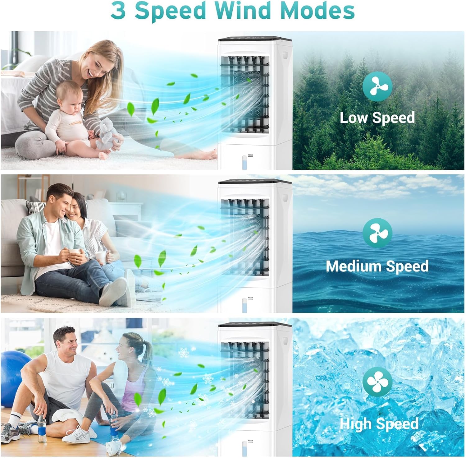 Portable Air Conditioners, 3 IN 1 Air Conditioner Portable Swamp Cooler with 3 Ice Box, Quiet Evaporative Air Cooler Windowless, 3 Speeds, Timer, 6L Water Tank, Portable AC for Room Office