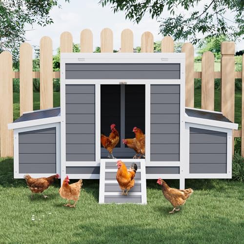 Wooden Chicken Coop, 54.41" x 34.49" x 34.05" Chicken Coop for 4-6 Chickens, with 2 Sides Large Nesting Boxes, Outdoor Poultry Cage Rabbit Cage with Ramps & Tray