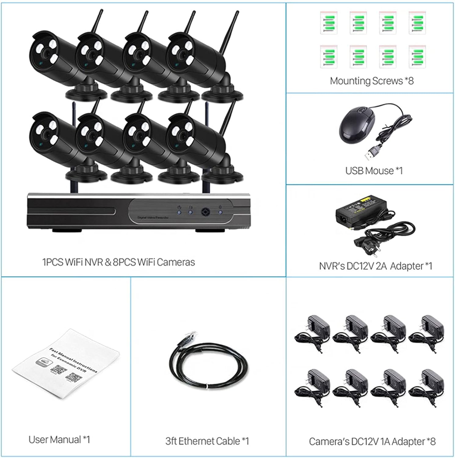 2MP Security Camera System Outdoor 8 Channel DVR Surveillance Kit Night Vision Cam,IP66 Weatherproof Home CCTV Cameras,Instant Email Alert with Images