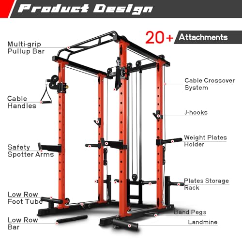 RitFit Multi-Function Squat Rack Power Cage PPC03 with Cable Crossover System, 1000LBS Capacity Power Rack and Packages with Optional Weight Bench, Barbell Weight Set, for Garage Workout & Home Gym