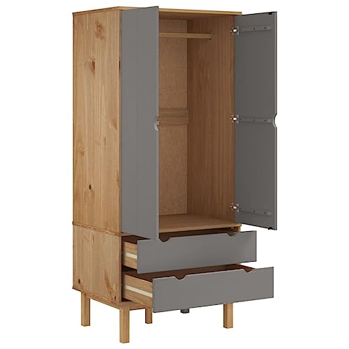Wardrobe Brown and Gray 30.1"x20.9"x67.7" Solid Wood Pine,Scandinavian Pine Wood Wardrobe with Ample Storage for Clothes and Accessories Armoires & Wardrobes for Bedroom