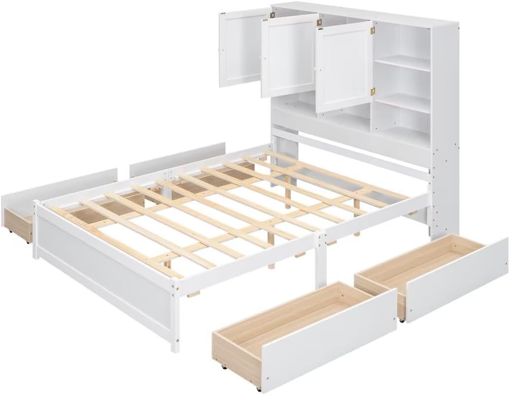 Modern Designs Queen Size Platform Bed with 4 Storage Drawers & Bookcase Headboard, Wooden Full Bed Frame with Charging Station for Kids Teens Adults, No Box Spring Needed, White