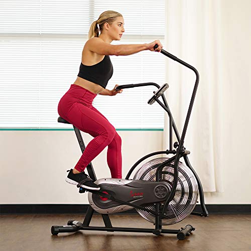Sunny Health & Fitness Air Bike Fan Exercise Bike with Digital Monitor, Full Motion Arm Exercisers, and Adjustable Seat