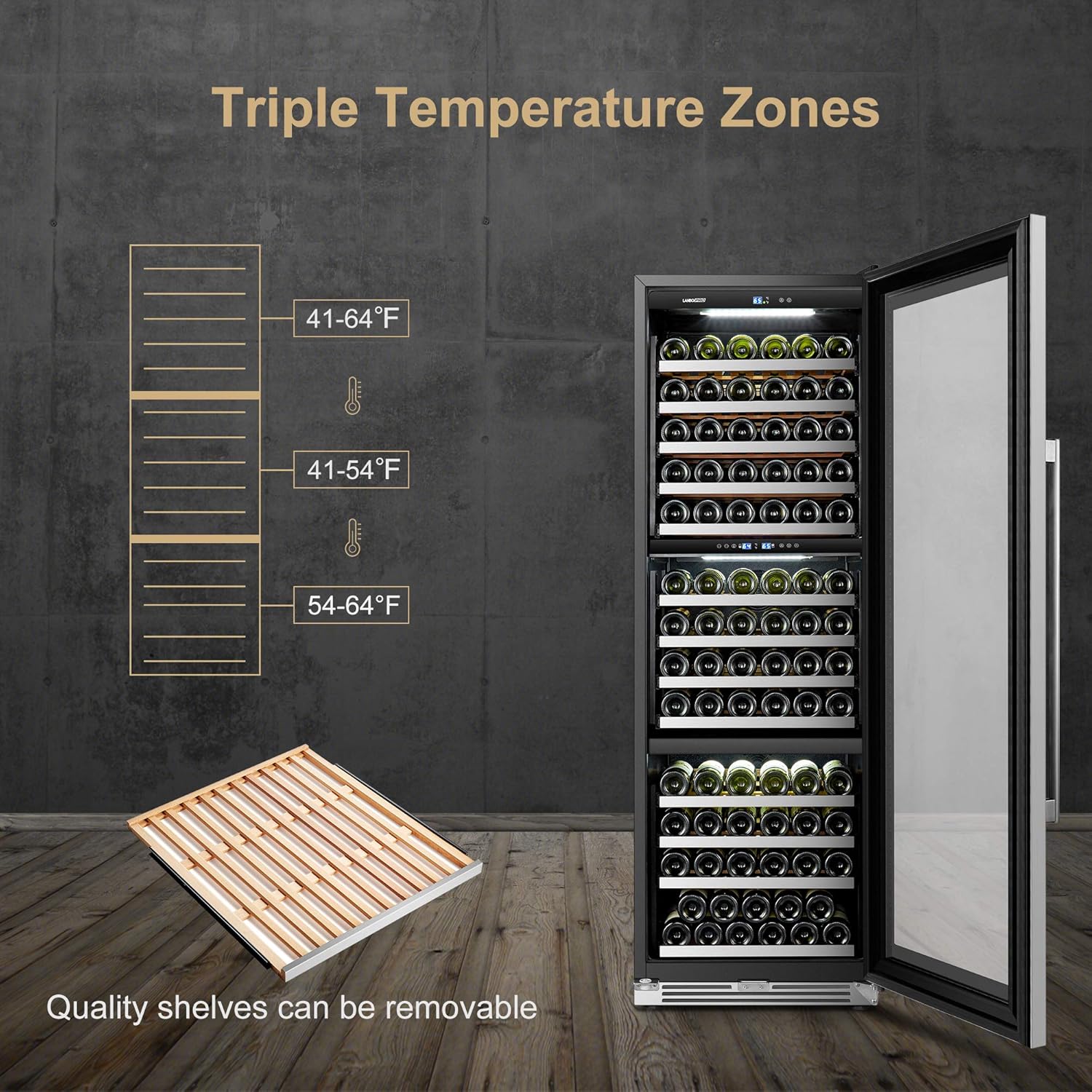 Wine Cooler Refrigerator 143 Bottle Triple Zone Wine Fridge, Seamless Stainless Steel Trimmed Door, 24 Inch