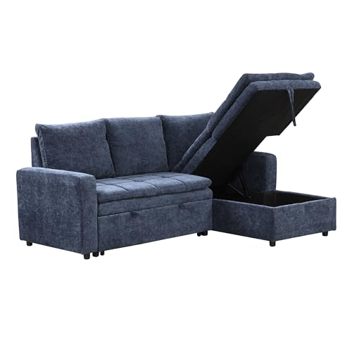 Convertible Sofa Couch with Storage Chaise, 3 Seat Sectional Sofa Set with Pullout Bed for Living Room, L-Shaped Modern Polyester Modular Sofa Sleeper for Office, Apartmen (Grey)
