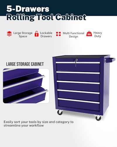 Heavy-Duty 7-Drawer Rolling Tool Chest with Wheels, Steel Tool Storage Cabinet with Lock & Liner for Workshop for Workshop/Garage - Includes 7 Organizer Boxes, Black