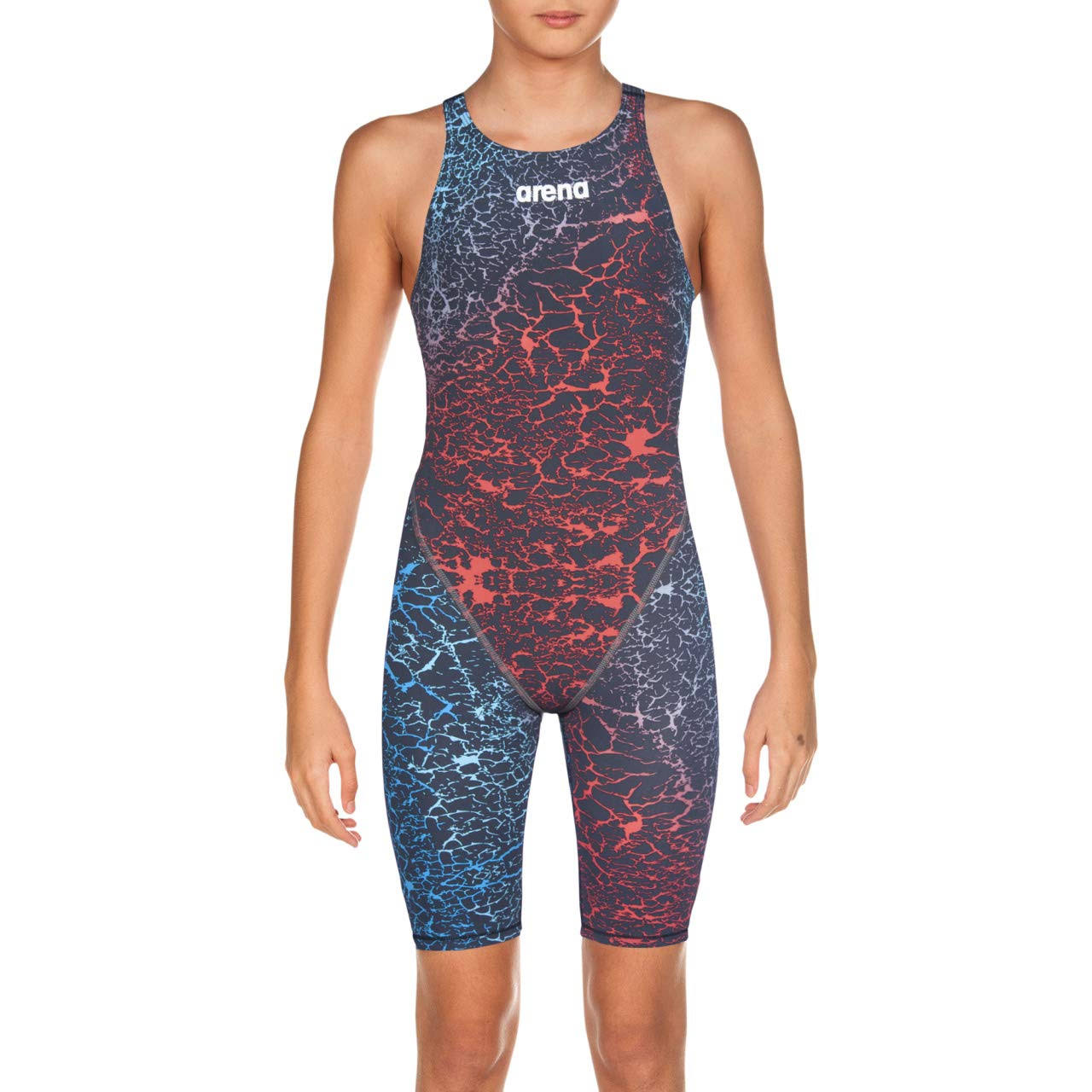 Arena Girls' Powerskin St 2.0 Kneeskin Open Back Tech Suit Swimsuit - Storm Blue/Red 26 | Elastane/Polyamide - Swimoutlet.com