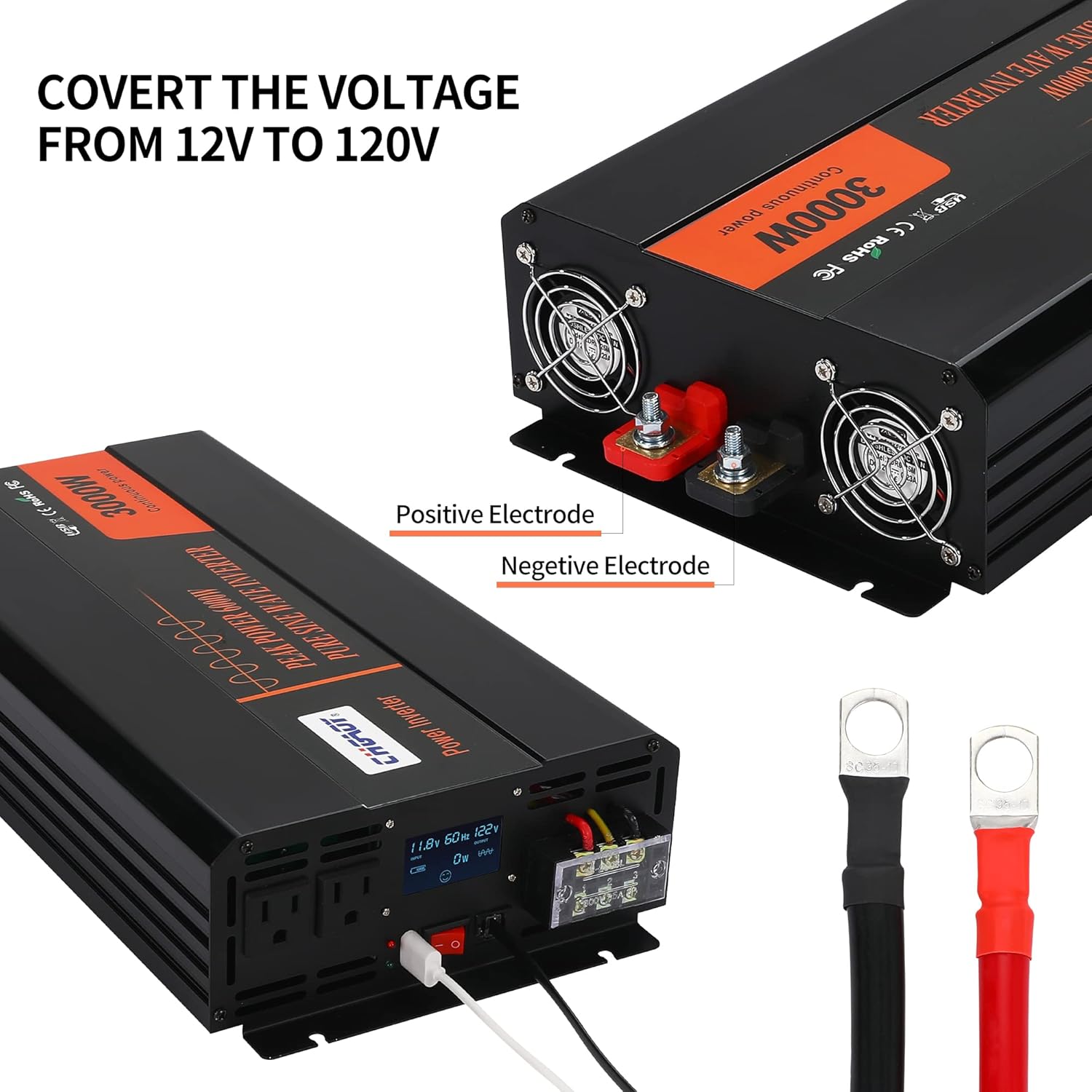 Power Inverter,3000W Pure Sine Wave Inverter DC 12V to AC 120V Car Inverter with LCD Digital Display Remote Control USB Port Power Converter for Travel/Camping