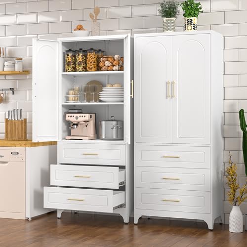 Metal Storage Cabinet with Doors and Shelves, 71 Inch Tall Kitchen Pantry Cabinet, Pantry Cabinets for Kitchen Storage, Freestanding Cupboard for Living, Dining Room, White, Assembly Required