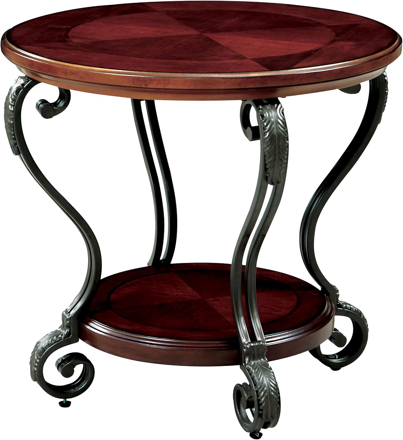 Elegant Round Top End Table Brown Traditional Transitional Oval Metal Wood Cherry Finish Includes Hardware Shelf