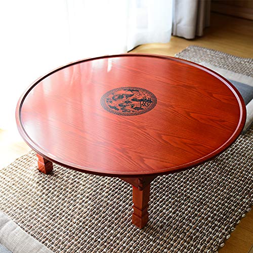 Round Korean Coffee Table Folding Leg Asia Antique Furniture Floor Table for Dinning Traditional Living Room Wood Table (60x60x26cm)