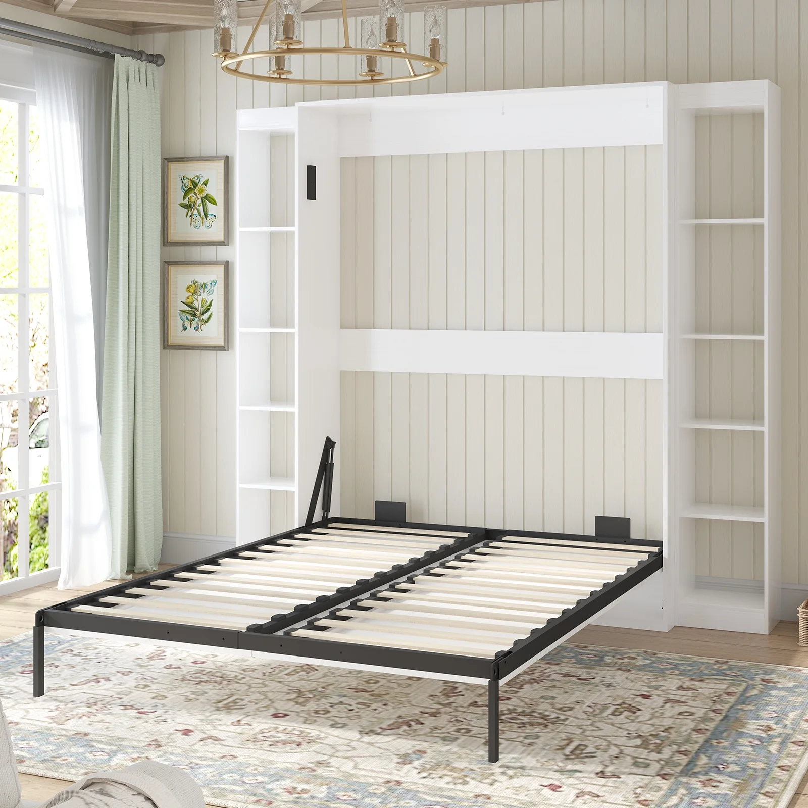 MUZZ Foldable Murphy Bed with 2 Side Cabinets, Folding Wall Bed with Space Saving Design, Fold up Murphy Bed Cabinet for Storage, Multipurpose Cabinet Bed for Bedroom/Apartment (Style6+2,White)
