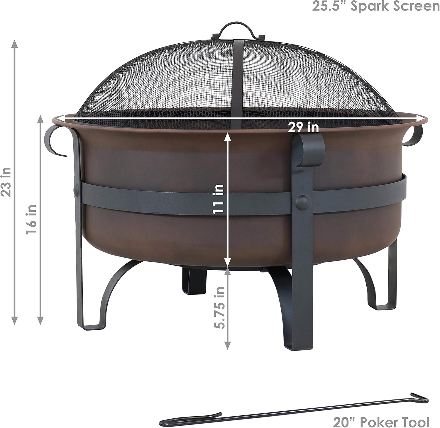 Sunnydaze Large Bronze Cauldron Outdoor Fire Pit Bowl - Round Wood Burning Patio Firebowl with Portable Poker and Spark Screen - 29 Inch