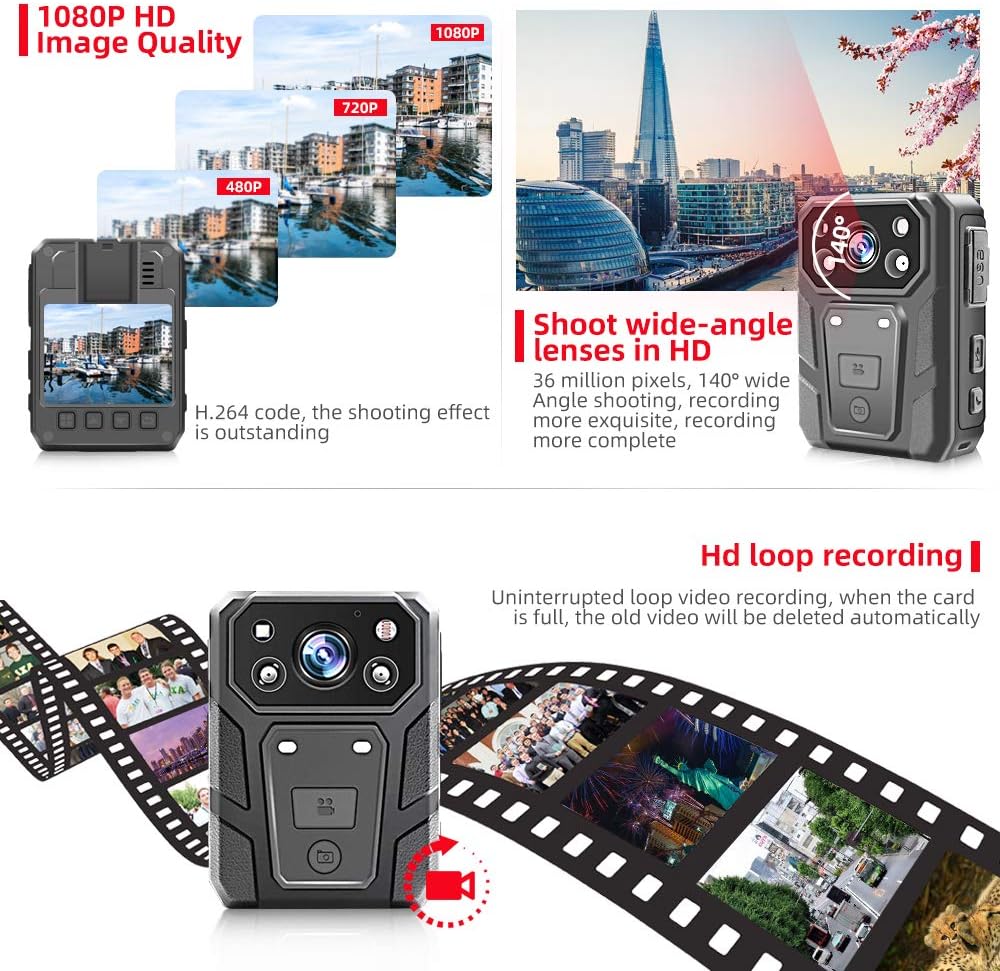CAMMHD 1296P HD Police Body Camera with 2 Inch Display, Waterproof Body-Worn Camera, Wearable Camera, Portable HD Body Camera, IR Night Vision, Built-in Battery, 64GB Memory