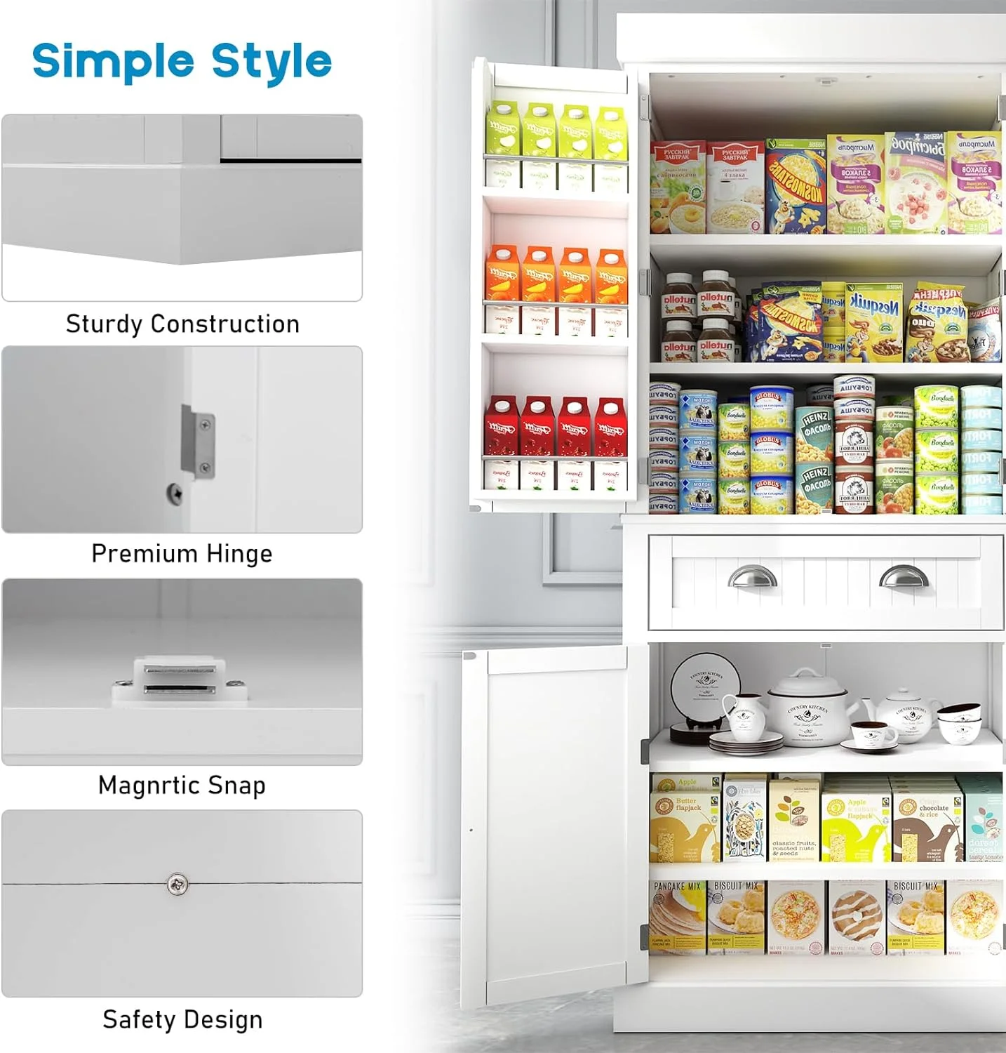 ChVans 72" Tall Kitchen Pantry with 4 Doors, Storage Cabinet with 1 Large Drawer 6 Hanging Shelves, Freestanding Cupboard for Dining Room Living Room(White)