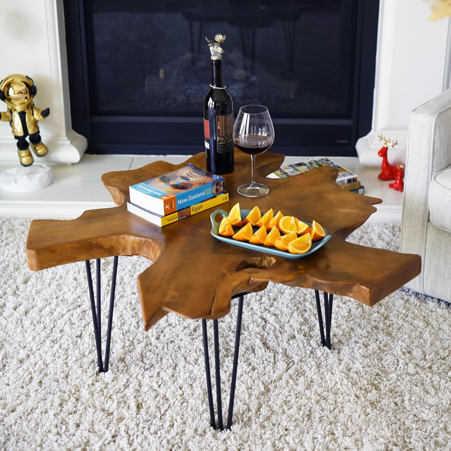 WELLAND Live Edge Teak Coffee Table Natural Wood Rustic Table 36"