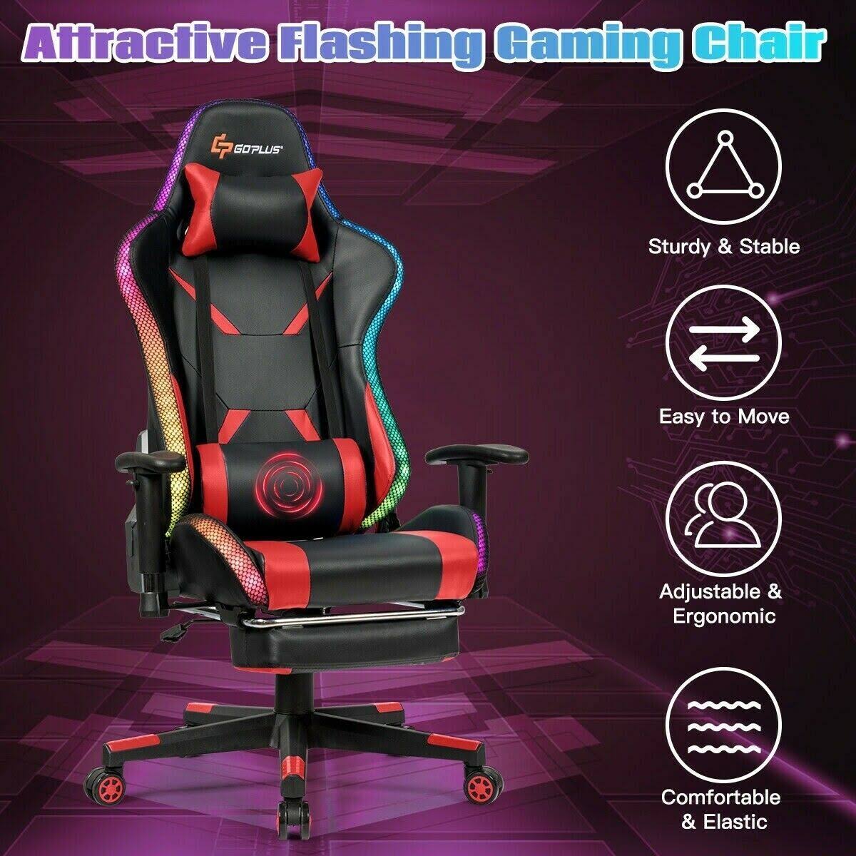 Costway Massage Racing Gaming Chair Chair with RGB LED Lights-Red