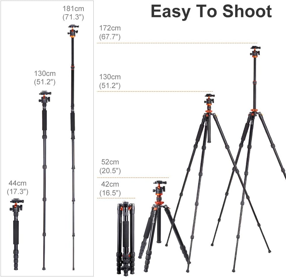 K&F Concept 67 inch Camera Tripods,K255A4+BH-28L (TM2515M1) Compact Travel Tripod with Monopod,10kg/22lbs Load Capacity 360° Panorama Ball Head Compatible with DSLR Cameras