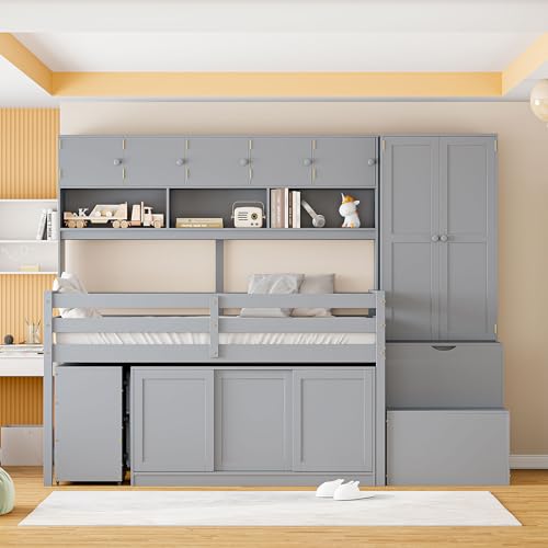 Loft Bed Twin Size, Twin Loft Bed with Rolling Desk and Drawers, Shelves and Wardrobes - Large Storage Space, Shelves and Wardrobes - Space Saving, Low Wood Loft Bed for Bedroom (White)