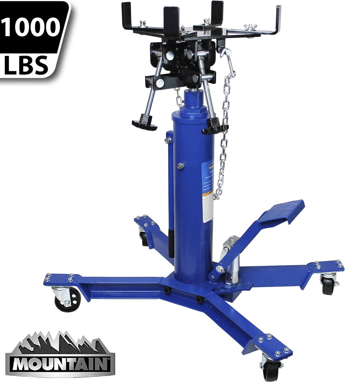 Mountain 1,000 Lb. Two Stage Hydraulic Telescopic Transmission Jack; Easy to Use Foot Pump, Heavy Duty Steel, Dual Axis Pivoting Saddle; MTN60504